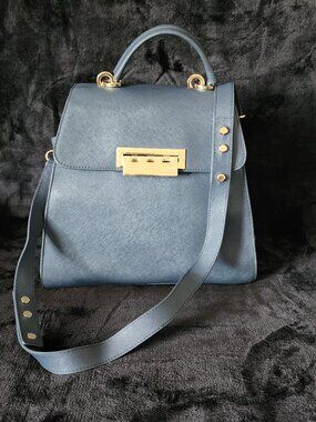 ZAC Posen Eartha Satchel Blue Leather Top Handle Crossbody Gold Lock